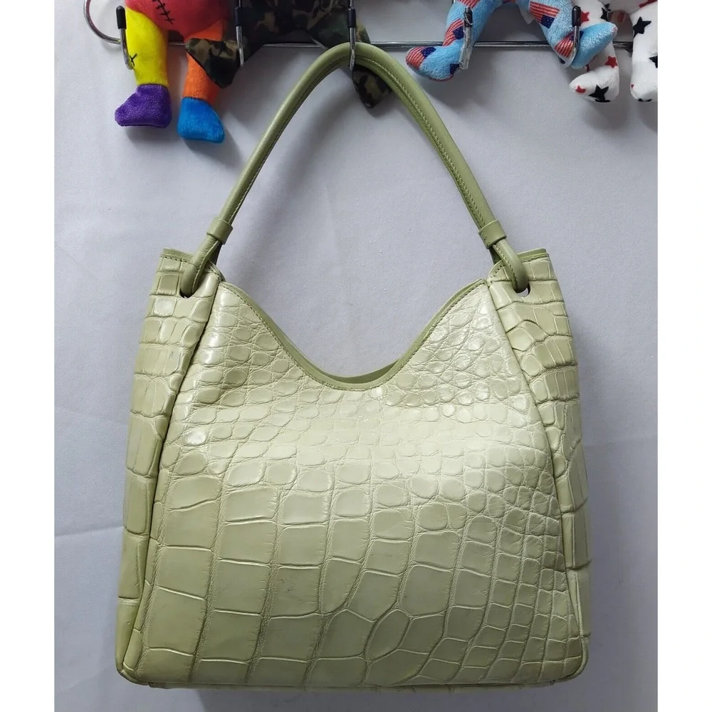 Mauro Governa Green Leather Crocodile Embossed Satchel Shoulder Bag